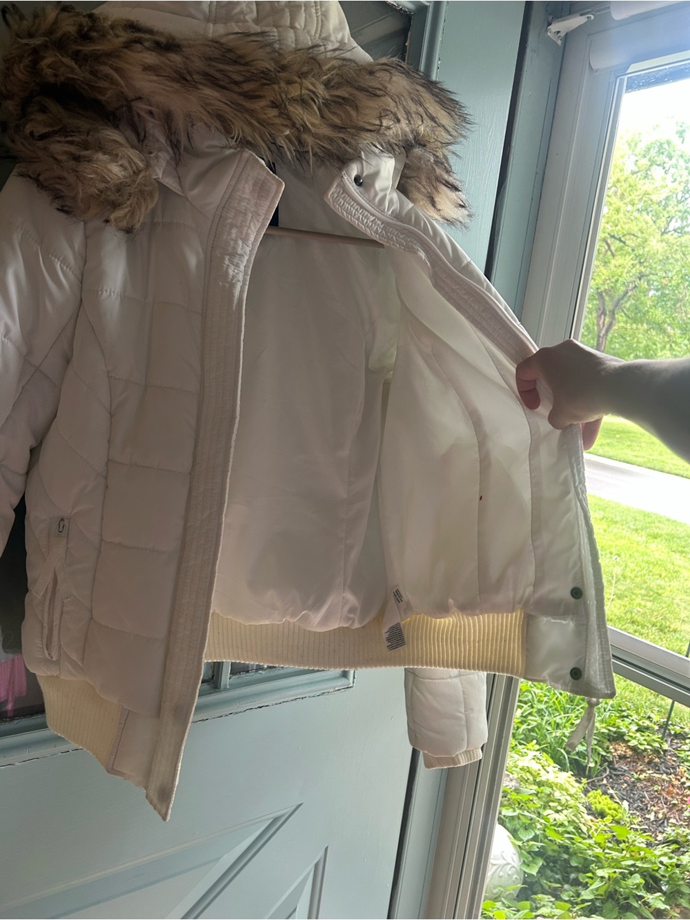 Vintage Y2K American Eagle Fur Hood Bomber Puffer Jacket Full Zip Coat White M - Picture 6 of 12